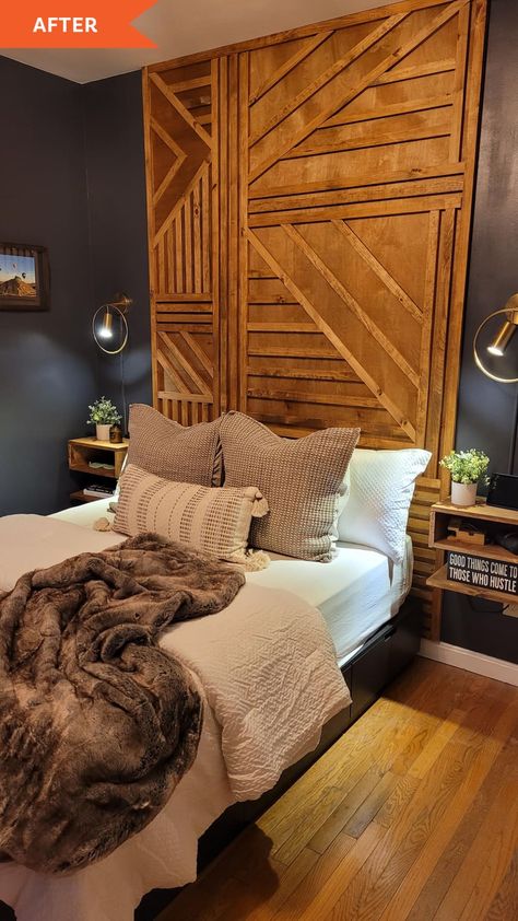 Wooden Headboard To Ceiling, Geometric Wood Headboard, Floor To Ceiling Wood Headboard, Large Wood Headboard, Diy Floor To Ceiling Headboard, Floor To Ceiling Headboard Ideas, Floor To Ceiling Headboard Diy, Tall Wooden Headboard, Wooden Accent Wall Bedroom