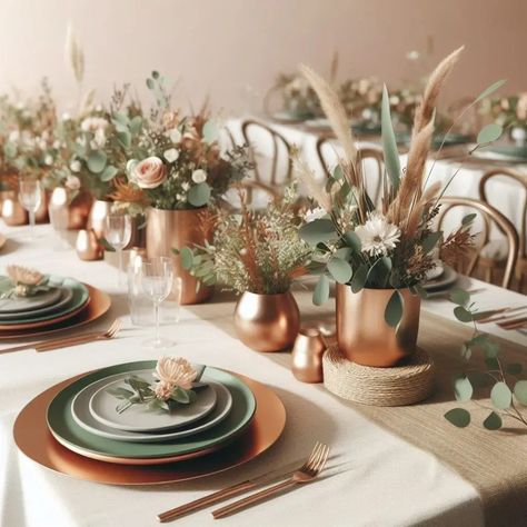 Wedding Color Palette Terra Cotta And Eucalyptus Wedding, Earth Tone Wedding Table Decor, Sage And Copper Wedding Decor, Sage Green And Amber Wedding, Sage Green Neutral Wedding, Sage Green And Terracotta Wedding Party, Sage And Terra Cotta Wedding Decor, Copper Wedding Theme Color Palettes, Sage Green And Burnt Orange Wedding Wedding Table Decor