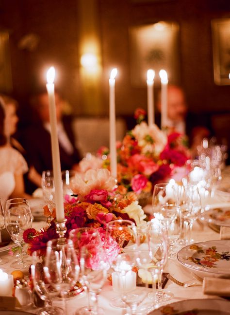 Elegant Manhattan Wedding from Kate Murphy Photography Red Wedding Flowers Centerpieces, Romantic Wedding Receptions, Manhattan Wedding, Long Candles, Reception Table Decorations, Red Wedding Flowers, Rose Garland, Wedding Reception Tables, Flower Centerpieces Wedding