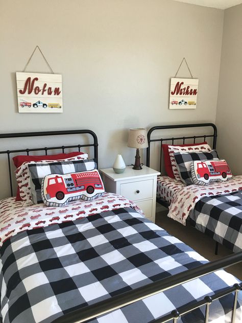 Fire Truck Theme Boy�’s Bedroom Makeover Twin Boy Bedroom, Boys Themed Bedroom, Fire Truck Bedroom Ideas, Toddler Boys Bedroom Themes, Firetruck Bedroom Boys Twin Bed, Fire Truck Room Ideas Little Boys, Fire Truck Bedroom Target, Fire Engine Bedroom, Firetruck Room Decor