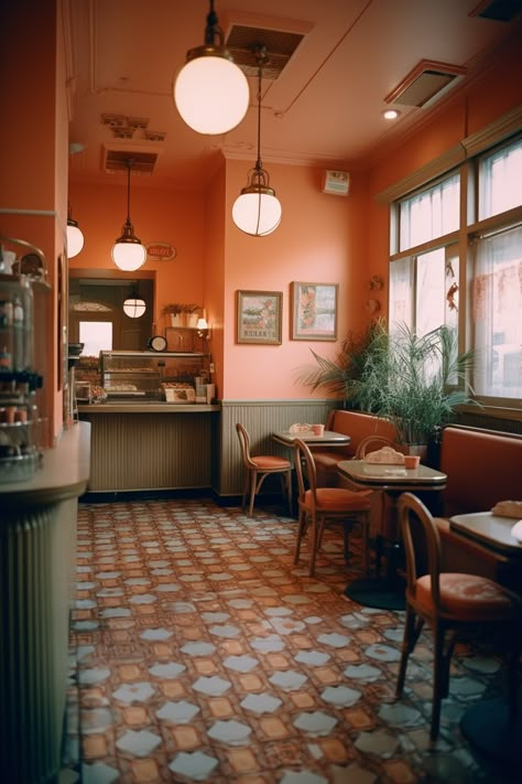 Orange Cafe, Colorful Cafe, Orange Coffee, Coffee Shop Aesthetic, Coral Rose, Shop Aesthetic, Vintage Cafe, Cafe Interior Design, Avocado Green