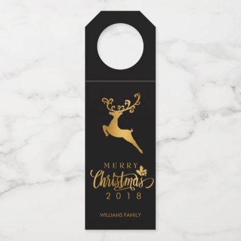 Wine Bottle Gift Tags, Wine Bottle Sleeves, Merry Christmas Black, Bottle Hanger, Wine Gift Tags, Bottle Gift Tags, Wine Bottle Topper, Wine Bottle Tags, Gold Reindeer