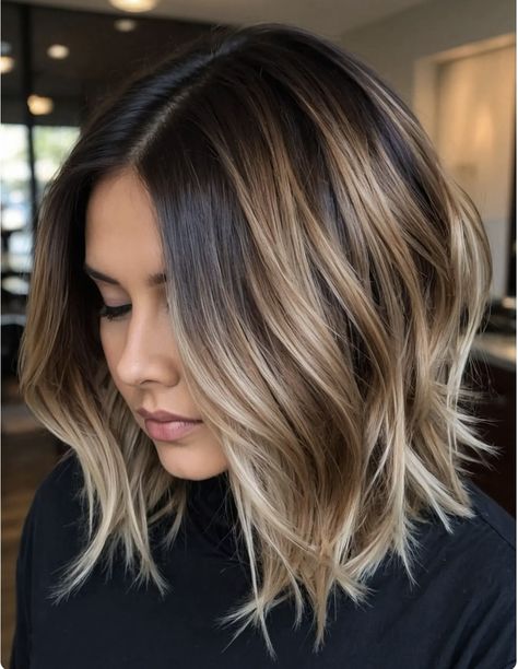 Short Hair Ombre Brunette, Hair Color Ideas To Hide Gray Roots, Light Hair Colors For Brunettes, Rebecca Jarvis Hair, Bob Haircut With Balayage, Bronze Lob Hair, Light Brown Hair With Highlights Curtain Bangs, Trending Summer Hair 2024, Balayage Hair Brunette With Blonde Shoulder Length