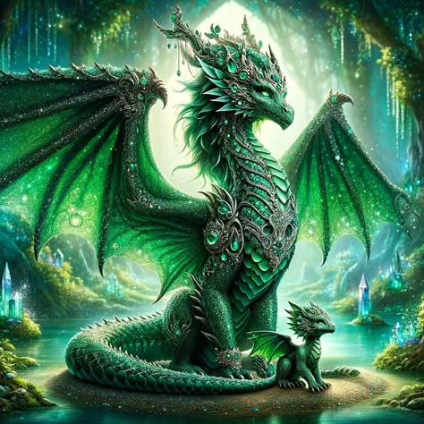 🌟✨ Behold the majestic Dragon Queen of Emerald, standing regally with her precious baby dragon. In a mystical forest where magic thrives and the light shimmers through ancient trees, their bond is unbreakable and enchanting. 🐉👑💚 #DragonQueen #EmeraldDragon #FantasyArt #MotherAndChild #MysticalForest #Magic #Art #Fantasy #Enchanting #Majestic #DigitalArt Magic Animals Art, Mythical Dragon Art, Dragon Powers, Rainbow Dragons, Dragon Fantasy Art, Spirit Dragon, Fantasy Dragon Art, Baby Dragon Art, Mystical Dragon