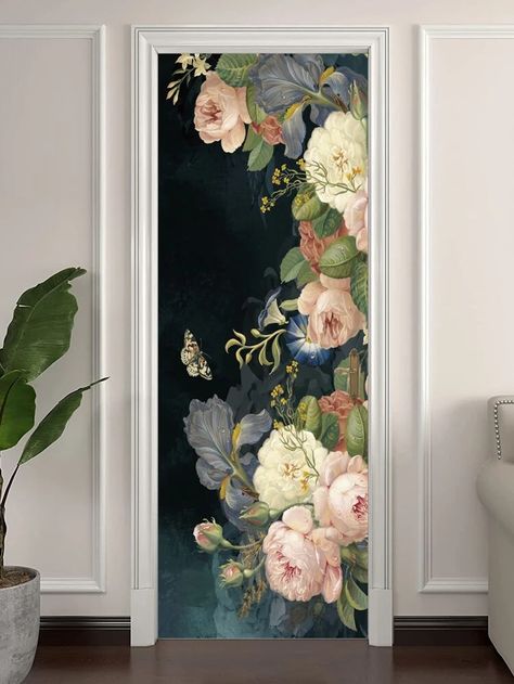 1pc Flower & Butterfly Print Door Sticker | SHEIN USA Wallpaper Door, Flower Oil Painting, Doors Interior Modern, Bedroom Murals, Door Sticker, Door Murals, Window Films, Sticker Wall, Wallpaper Stickers