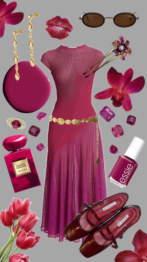 #outfitinspo #outfit #summer #magenta #saffire #gems #crystals #pink #dress #gold Magenta Outfit Aesthetic, Magenta Outfit, Crystals Pink, Gems Crystals, Blue Aura, Dress Gold, Outfit Aesthetic, Outfit Summer, Outfits Aesthetic