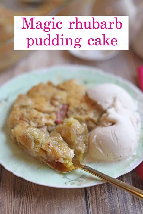 Make use of spring rhubarb with this simple and delicious rhubarb pudding cake. This old-fashioned recipe is reminiscent of a cobbler. Rhubarb Pudding Cake, Rhubarb Dump Cakes, Rhubarb Cake Recipes, Rhubarb Pudding, Unprocessed Recipes, Diy Edible, Rhubarb Cake, Cake Vegan, Spring Desserts