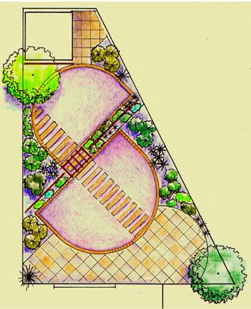 Small, irregular shaped garden plan with angled semi-circular lawns. Triangle Shape Garden Ideas, Irregular Shaped Garden Design, Triangle Garden Design Layout, Triangle Shaped Garden Ideas, Triangle Backyard Landscaping, Small Triangle Garden Ideas, Long Pavers, Triangle Shaped Garden, Triangle Garden Design