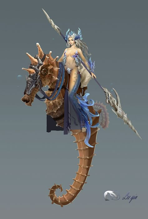 Blue Seahorse, Mermaid Artwork, Fantasy Mermaids, Mermaids Sirens, Sea Horses, Water Nymphs, Mermaids And Mermen, Fantasy Races, Game Concept Art