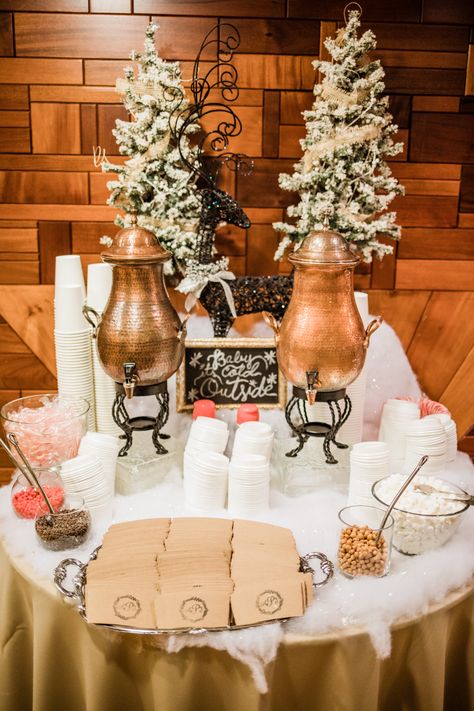 Wedding Hot Chocolate Bar Receptions, Hot Cocoa Station Wedding, Hot Cocoa Bar At Wedding, Coffee Hot Chocolate Bar Wedding, Hot Cocoa Wedding Bar, Wedding Hot Cocoa Bar Receptions, Hot Chocolate Bar At Wedding, Hot Chocolate Bar Bridal Shower Ideas, Winter Wedding Hot Cocoa Bar