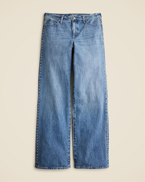 Shop  for the Studded lower-rise wide-leg jean in 1984 rigid for women. Find the best selection of women womens-categories-clothing-denim-wide-leg available in-stores and on line. Style Makeover, Studded Jeans, Jcrew Women, Engineered Garments, Suit Shop, Wide Leg Denim, Sweater Shop, Denim Women, Leg Jeans