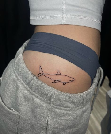 Shark Tattoo Hip, Shark Tattoo On Thigh, Tattoos For Women Stomach, Shark Tattoo Design Drawings, Simple Shark Tattoos For Women, Shark Hip Tattoo, Shark Rib Tattoo, Tattoo Ideas Shark, Shark Tattoos For Women