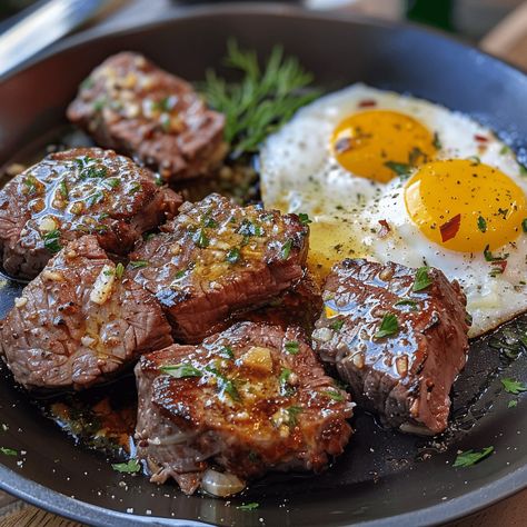 How to Make Garlic Steak Bites and Eggs for Breakfast Steak And Egg Recipes, Yummy Egg Breakfast Ideas, Steak And Eggs Recipe, Breakfast Steak Recipes, Meat Breakfast Ideas, Steak Breakfast Ideas, Steak For Breakfast, Cosy Meals, Steak And Eggs Breakfast