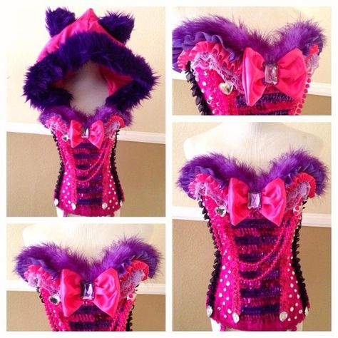 Mythical Outfits, Diy Corsets, Rave Inspiration, Rave Outfits Diy, Halloween Rave Outfits, Cheshire Cat Costume, Rave Bras, Rainbow Clothes, Edm Girls