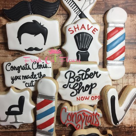 32 Likes, 5 Comments - Terri (@freshcutflours) on Instagram: “Barber School graduate gets cookies!” Salon Cookies, Bf Bday, Barber School, Grand Opening Party, Strawberry Cookies, Fancy Cookies, Cookie Inspiration, Novelty Cakes, Graduation Cakes