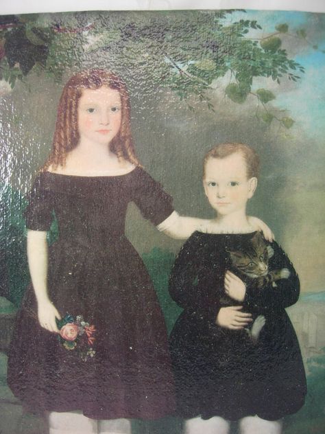 Two children Antebellum period Folk art  Miniature Jefferson Gauntt Painting 1800s Portraits, Grungy Candles, 11x14 Picture Frame, Primitive Colonial, Art Miniature, Colonial America, Colonial Decor, American Antiques, American Folk Art