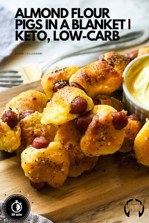 A timeless treat with a low-carb/keto twist, these pigs in a blanket are perfect for parties, brunch, movie night - you name it. Little smokies wrapped in a savory layer of almond flour and mozzarella cheese; great for dipping and sharing! Keto Pigs In A Blanket Low Carb, Low Carb Little Smokies Recipes, Keto Lil Smokies, Keto Pigs In A Blanket, Low Carb Pigs In A Blanket, Beef Pigs In A Blanket Recipe, Keto Lil Smokies Recipes, Keto Little Smokies Recipes, Keto Movie Night Snacks