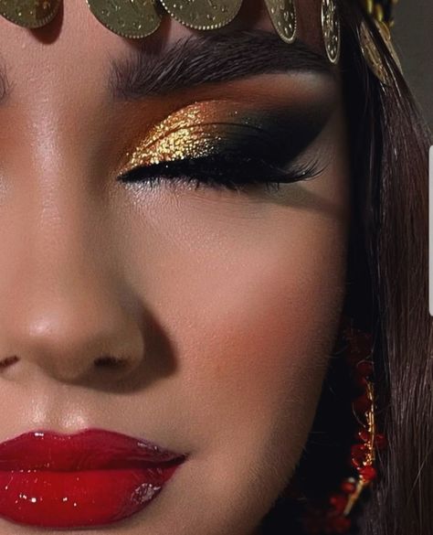 Belly Dancing Makeup, Red And Gold Smokey Eye, Dramatic Stage Makeup, Red Black And Gold Makeup, Roman Empress Makeup, Autumn Bridesmaid Makeup, Red Gold Makeup Look, Red Gold Eye Makeup, Romani Make Up