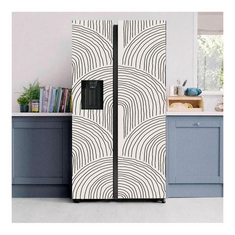 Peel And Stick Refrigerator, Wallpaper Fridge Diy, Refrigerator Wraps Ideas, Fridge Door Decor, Fridge Painting Ideas, Fridge Wrapping Ideas, Wallpaper On Fridge, Wrapped Fridge, Vinyl Wrap Fridge