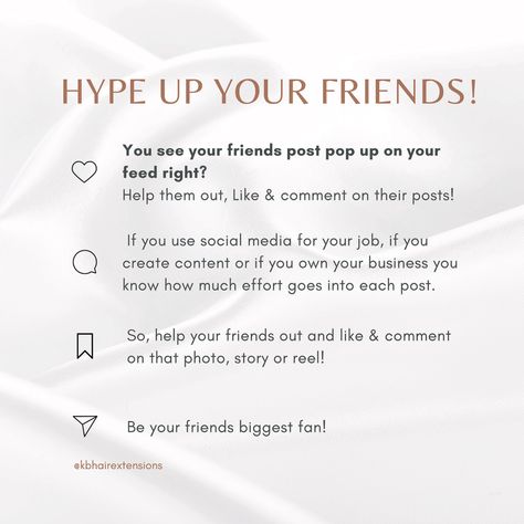 Hype up your friends! ✌🏼 A like and a comment is a small gesture when supporting a friend and their work. Be your friends biggest fan! #supportlocal #supportsmallbusiness #supportsmallbusinesses #hypeupyourfriends #hypeup #businessowner #socialmediatips #socialmedia #socialmediamarketing #engagement #like #comment #beauty #hair #fashion #hairquote #hairextensions Hyping Up Your Best Friend, Instagram Comments Ideas Friends, Instagram Comments Ideas, Supporting A Friend, Instagram Comments, Hair Quotes, Hair Fashion, Beauty Hair, Support Small Business