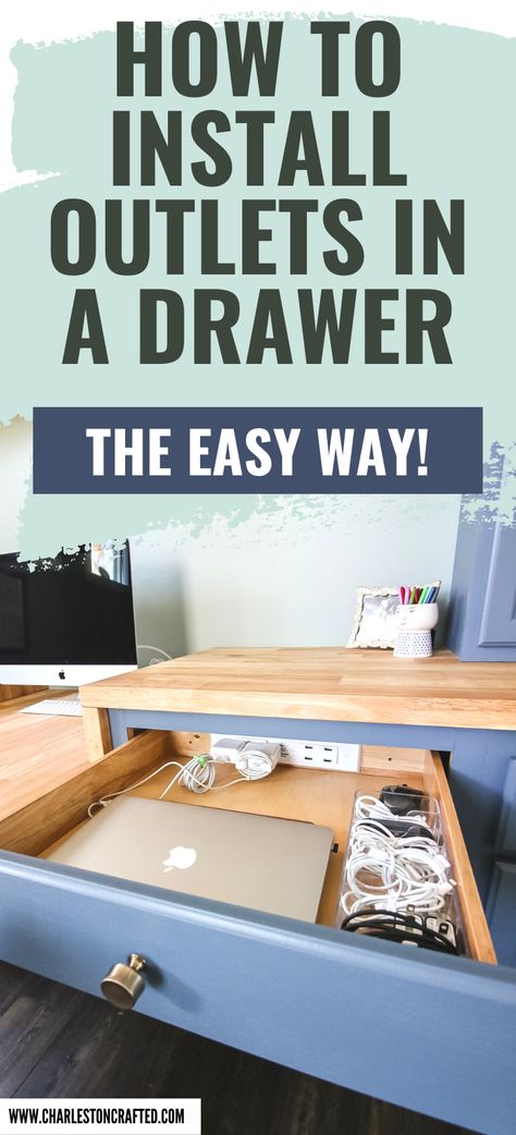 How to install outlets in drawers - Charleston Crafted Plug In Drawer, Outlet In Drawer Bathroom, Outlet In Countertop, In Drawer Outlet, Outlets In Bathroom Drawer, Outlets In Drawers, Outlet In Cabinet, Drawer With Outlet, Adding Electrical Outlets Diy