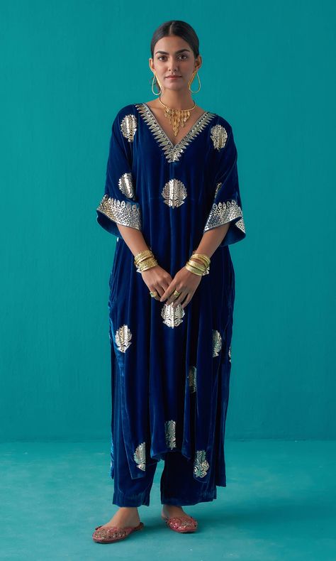 Velvet Suits Women Indian, Velvet Palazzo, Kaftan Set, Blue Kaftan, Red Kurta, Kaftan Designs, Lehenga Gown, Traditional Indian Outfits, Business Casual Outfits For Work