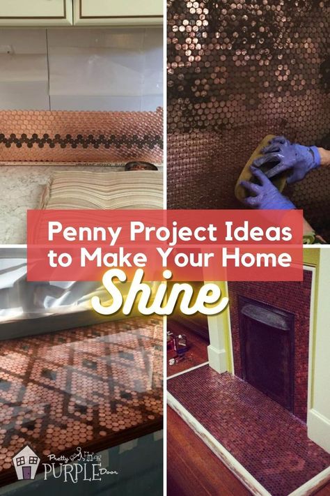 Pennies are a unique way to shine up your home, without breaking the bank. Here are some of my favorite DIY penny project ideas by creative home owners, such as an Abe Lincoln penny portrait, a copper fireplace surround, a penny feature wall behind a modern bar, tables and kitchen islands made from pennies, a mosaic countertop tile backsplash, penny wind chimes, copper garden gazing balls, starburst mirrors, lucky penny tree wall decor, and more. Fireplace Penny Tile, Penny Countertop Diy, Penny Crafts Diy, Pressed Penny Display Ideas, Coins Art Ideas, Penny Countertop, Pennies Crafts, Penny Decor, Penny Table Tops