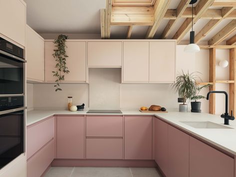 Brookscroft Road | ROAR Pink Kitchen Cabinets, Pink Cabinets, White Worktop, Brick Projects, Timber Construction, Kitchen Cabinet Handles, Patio And Garden, Pink Kitchen, Roof Light