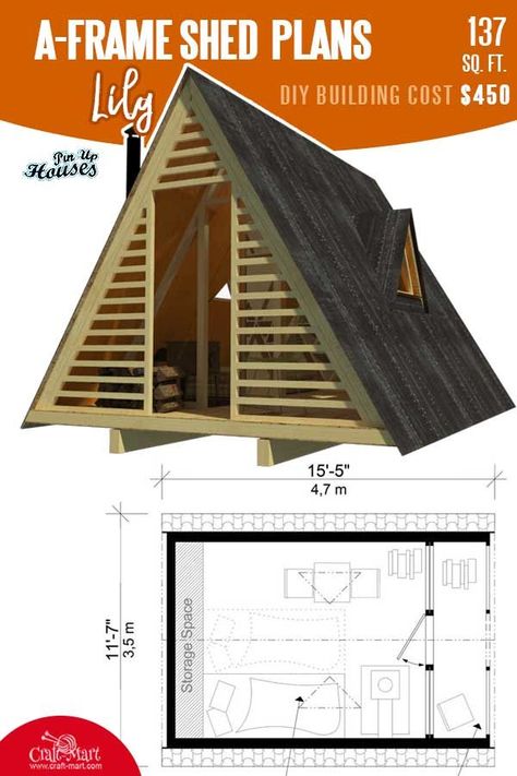 Wooden sheds are usually not the objects of interest for designers or architects. One may argue that A-frame shed plans are not practical since you can't efficiently utilize the space. Yes, this is true is you have a lot of garden tools and other things to store. However, these A-frame wooden shed plans are among the top best-sellers in the sheds and tiny cabin categories. #buildashed #shedplans A Frame Shed Diy, A Frame Shed, Prefabricated Sheds, Garden Shed Diy, Prefab Sheds, A Frame Cabin Plans, Garden Tool Shed, Building Costs, Diy Shed Plans