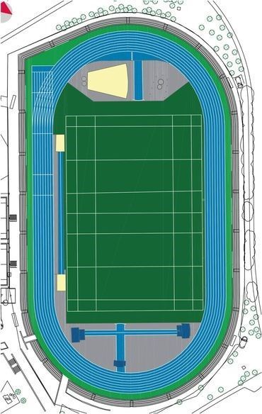 Espacio destinado principalmente al atletismo, con la mayoría de modalidades. En el centro un campo de rugby. Rugby Clubhouse, Stadium Plan, Rugby Stadium, Stadium Architecture, Poker Table, Rugby, Exterior, Architecture