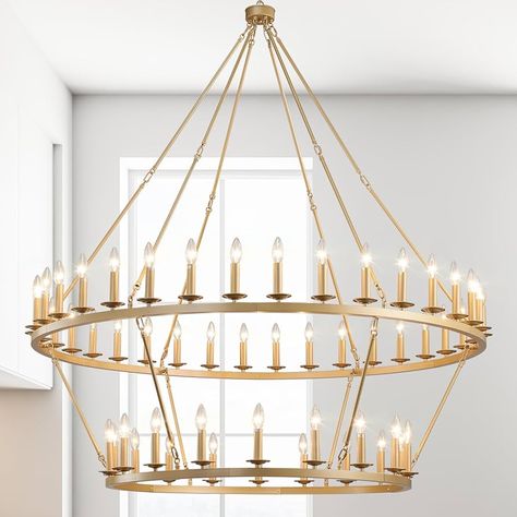 QJMPP Gold Wagon Wheel Chandelier 2 Tier 53-Inch 36-Light,Extra Large Circle Rustic Farmhouse Light Fixture,Round Metal Chandeliers for Foyer Entryway Dining Room Living Room High Ceilings - Amazon.com Living Room High Ceilings, Gold Wagon Wheel Chandelier, Rustic Farmhouse Light Fixtures, Farmhouse Light, Farmhouse Chandeliers, Entryway Dining Room, Farmhouse Light Fixtures, Foyer Chandelier, Wheel Chandelier