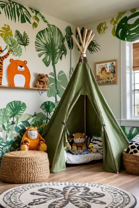 JungleSafari, KidsPlayroom, InteriorDesign, AdventurePlayroom Jungle Theme Playroom, Safari Playroom, Jungle Theme Decorations, Safari Kids, Wild Jungle, Leafy Plants, Kids' Playroom, Reading Nooks, Safari Adventure