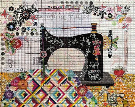 Laura Heine Patterns, Sewing Collage Art, Sewing Themed Quilts, Laura Heine Collage Quilts Patterns, Laura Heine Collage Quilts Tutorial, Sewing Machine Mini Quilt, Garden Party Quilt Laura Heine, Laura Heine Collage Quilts, Laura Heine Sewing Machine Collage