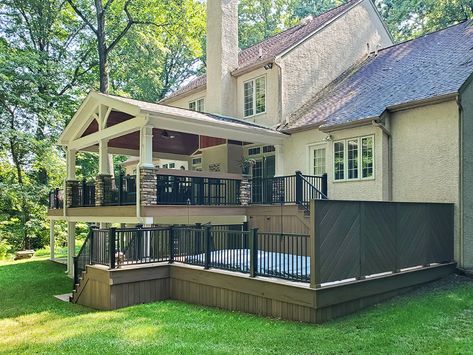 Heritage Porch / TimberTech Pool Deck - Chester Springs, PA | 1707 Sq Ft | Keystone Custom Decks Two Level Deck, Deck Addition, Tub Deck, Deck Remodel, Tiered Deck, Outdoor Living Space Design, Backyard Layout, Deck Pictures, Vintage Porch