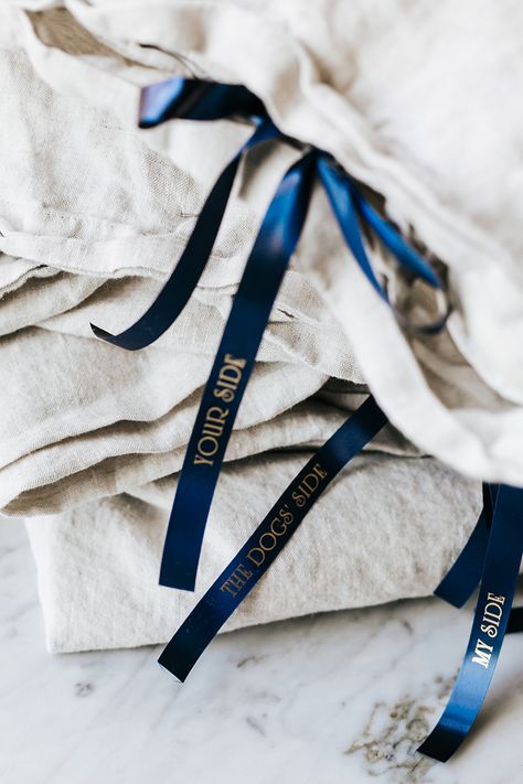 Learn how to make this beautiful, bow-tied linen duvet set with @BrotherPtouchEmbellish by printing your own customized messages on satin ribbon! on jojotastic.com #PtouchEmbellish #sponsored #diy #bedtime #springcleaning Duvet Ties Diy, Bed Skirt Linen Ties, Shibori Ribbon, Chic Satin Bow With Ribbon Details, Satin Ribbon Belt, Contemporary Bed Linen, Flower Arranging Tutorial, Winter Diy Crafts, Home Interior Accessories