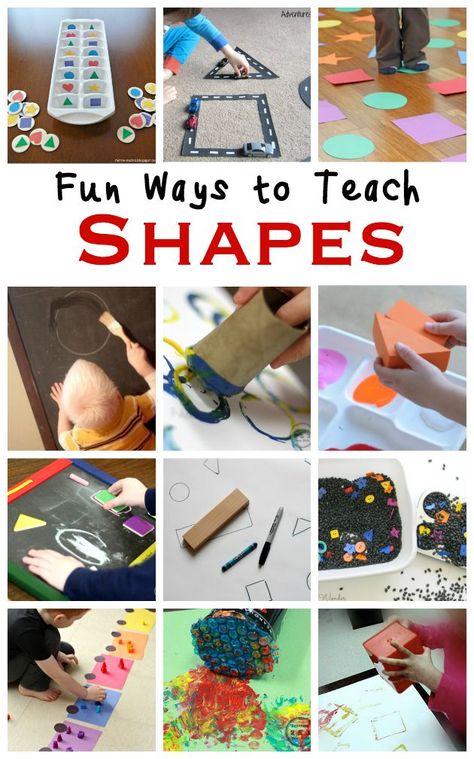 A roundup of fun ways to teach shapes to preschool and toddlers!  Sensory boxes, matching, stamping and more great ideas that work on gross motor and fine motor skills as well! Shape Activities For Preschoolers, Shapes Lessons, Shape Activities, Shape Activities Preschool, Teaching Shapes, Shapes Preschool, Activities For Preschoolers, Teaching Toddlers, Learning Shapes