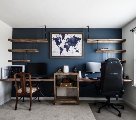 Office Dark Blue Accent Walls, Mens Office Wall Colors, Blue And Grey Office Ideas, Navy And Wood Office, Man Space Ideas, Dark Blue Accent Wall Office, Home Office Colors For Men, Mens Office Paint Colors, Dark Blue Office Walls