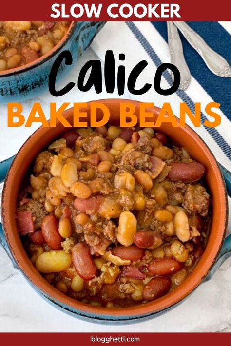 Slow Cooker Calico Baked Beans are the perfect side to make for your next BBQ or cookout. Made with ground beef, three different kinds of beans, and bacon all slow cooked to meld the flavors to perfection. #beans #groundbeef #bakedbeans #calicobeans #festivefoodies #bbq #cookout Calico Beans Recipe Crockpot, Calico Beans Crockpot, Crockpot Calico Beans, Calico Baked Beans, Baked Beans With Hamburger, Vegetable Bean Soup, Calico Beans Recipe, Beans And Bacon, Calico Beans