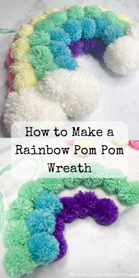 A simple tuutorial to make your own rainbow pom pom wreath. Diy Pom Pom Projects, What To Make With Pom Poms, Things To Make With Pom Poms, Pom Pom Rainbow Craft, Pompom Wreath Ideas, Diy Pompom Wreath, Pom Pom Christmas Decorations, Pom Pom Crafts For Adults, Pom Pom Wreaths