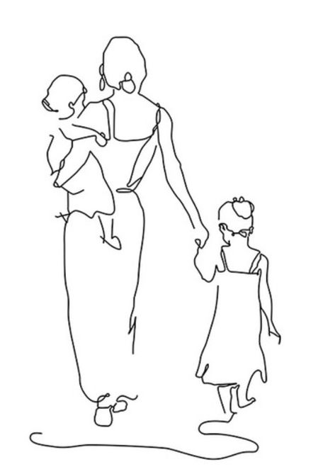 Mom Art Drawing, Mother Daughter Simple Drawing, Mother Drawing, Tattoo Children Ideas For Moms, Drawings For Mom, Mother And Baby Drawing, Mom And Daughter Pencil Sketch, Line Art Design Mother And Daughter, Mom And 2 Kids Line Art