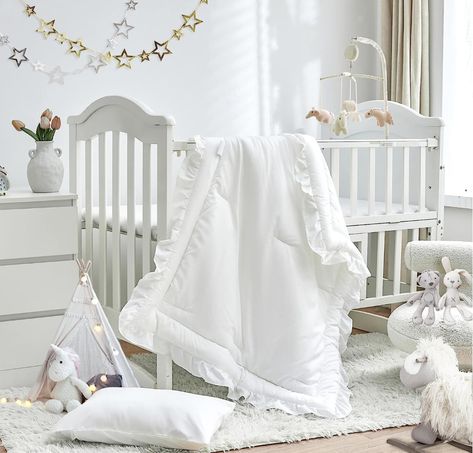 Cute Ruffled Shabby Chic Bedding Soft Blanket Design White #baby #babygirl #babyboy #babyshowerideas #babyfashion #everythingbaby #momlife #momlifeisthebestlife #shoppingonline #babyshopping #comfybaby #babytrends #amazonfinds #babymemories #babykeepsakes #nursery #nurserydecor Boho Crib Bedding, Ruffle Comforter, Ruffle Quilt, Baby Crib Sets, Quilted Comforter, Crib Comforter, Baby Crib Mattress, Baby Crib Bedding Sets, Blanket Design