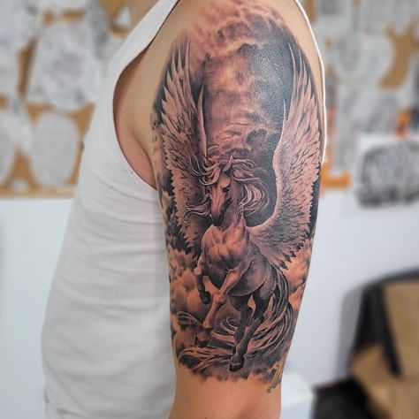 Black and grey tattoo, upper arm tattoo. Tattoos Upper Arm, Tattoo Upper Arm, Pegasus Tattoo, Upper Arm Tattoo, Black And Grey Tattoo, Upper Arm Tattoos, Upper Arms, Grey Tattoo, Black And Grey Tattoos