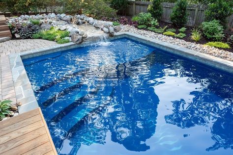 Fiberglass Pool Ideas, Tanning Ledge Pool, Tanning Ledges, Fiberglass Pool, Pool Steps, Rectangular Pool, Pool Sizes, Fiberglass Pools, Pool Coping