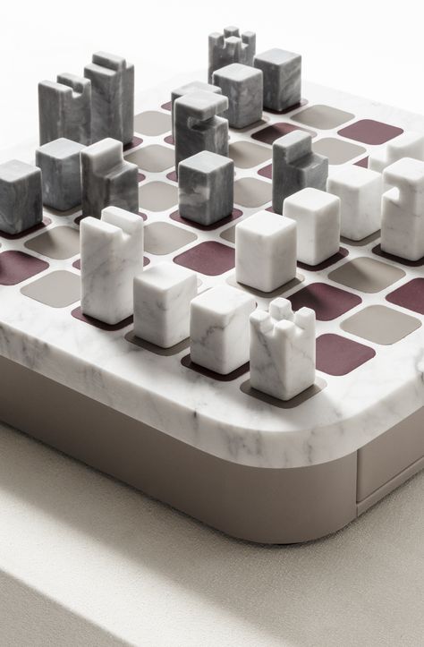 Marble and leather chess set by Italian label, Giobagnara. Premium marble board, chess pieces, nappa leather-covered drawer. 13.6" W x 13.6" D x 2.8" H Diy Chess Set, Luxury Chess Sets, Marble Chess Set, Marble Games, Marble Board, Chess Club, Chess Sets, Chess Game, Branded Gifts