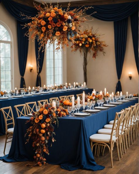 navy blue autumn wedding colour idea Burnt Orange Navy And Cream Wedding, Navy Blue Burgundy And Burnt Orange Wedding, Navy Blue And Burnt Orange Wedding Black People, Navy Blue Burnt Orange Gold Wedding, Fall Wedding Orange And Blue, Navy Gold Wedding Theme, Navy Blue And Burnt Orange Wedding Cake, Royal Blue And Burnt Orange Wedding, Navy Blue And Burnt Orange Wedding Decor