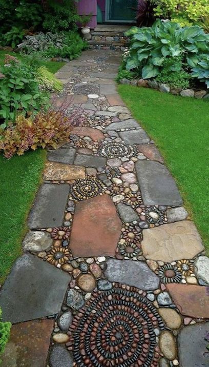 DIY Mosaic Pebble Garden Path...these are the BEST Yard Art Ideas! Mosaic Walkway, Pathway Ideas, Stone Garden Paths, Garden Walkway, Rock Garden Landscaping, Stone Path, Have Inspiration, Diy Yard, Mosaic Garden