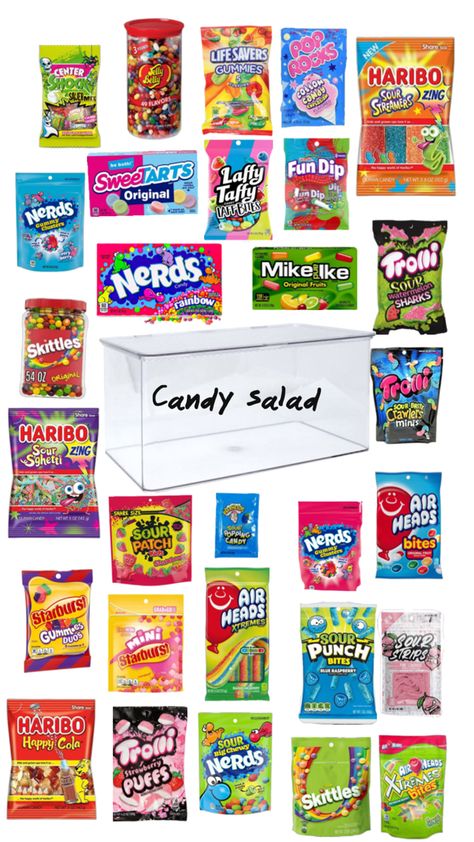 Candy salad!!🍭🍬 Candy For Candy Salad, Summer Candy Salad, Candy Lady Neighborhood, Snacks To Get For A Sleepover, Candy For Sleepovers, Candy Salad Sleepover, Candy Saled, Candy Salad Ideas, Candy Salad Recipe