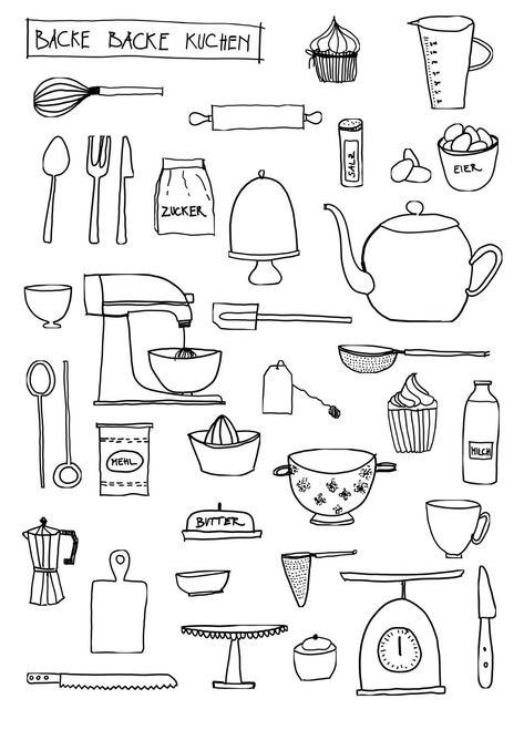 Kitchen Items Drawing, Dainty Illustration, Baking Doodles, Basic Doodles, Kitchen Doodles, Journaling Doodles, Sketch Note, Basic Kitchen, Sketch Notes