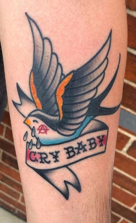 Lil peeps iconic crybaby bird tattoo Traditional Tattoo Banner, Traditional Heart Tattoos, Pink Floyd Tattoo, Tattoo Banner, State Tattoos, Horse Shoe Tattoo, Vogel Tattoo, Sparrow Tattoo, Text Tattoo