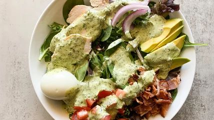 Copycat Panera Bread Green Goddess Cobb Salad Recipe Panera Green Goddess Dressing, Panera Green Goddess Salad, Green Goddess Cobb Salad, Most Popular Meals, Popular Meals, Copycat Panera Bread, Green Goddess Salad Recipe, Classic Cobb Salad, Copycat Panera